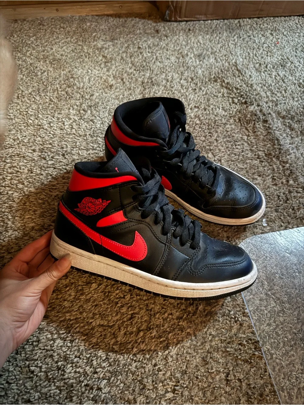 Jordan 1 Mid Black and Red Sneakers
